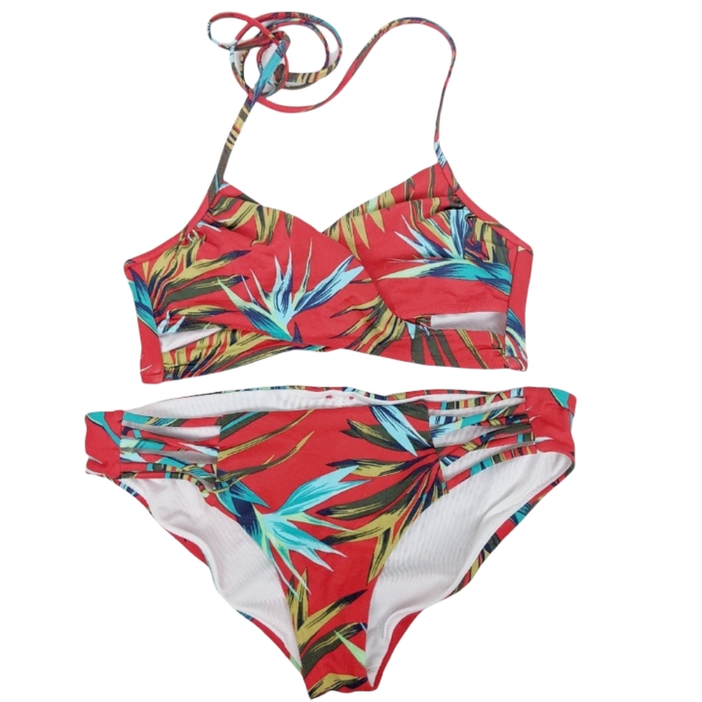 Victoria's Secret Pink Red Tropical Print Halter Neck Bikini Set